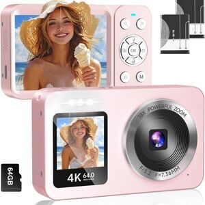 Pink Digital Camera with Dual Screens and Sleek Design